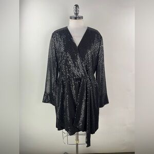 💚 3187. Black Silver Dotted Wrap Mini Dress